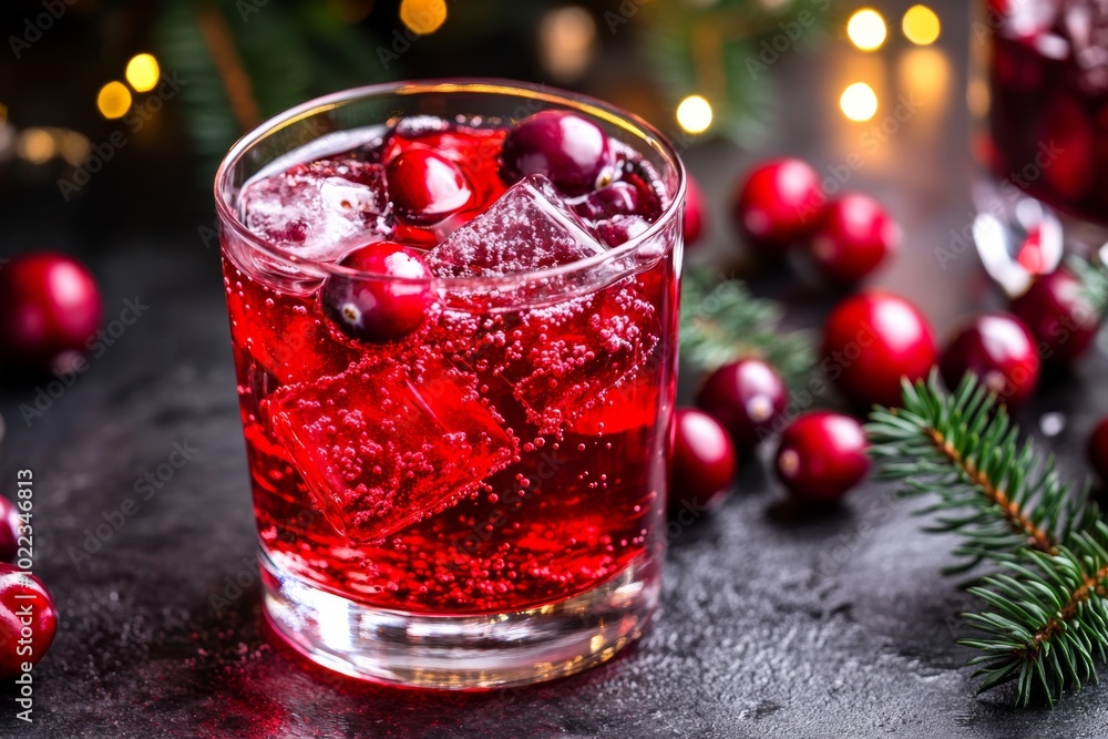 Festive chilled cranberry soda served in a glass with ice and fresh cranberries on a holiday table Festive chilled cranberry soda served in a glass with ice and fresh cranberries on a holiday table
