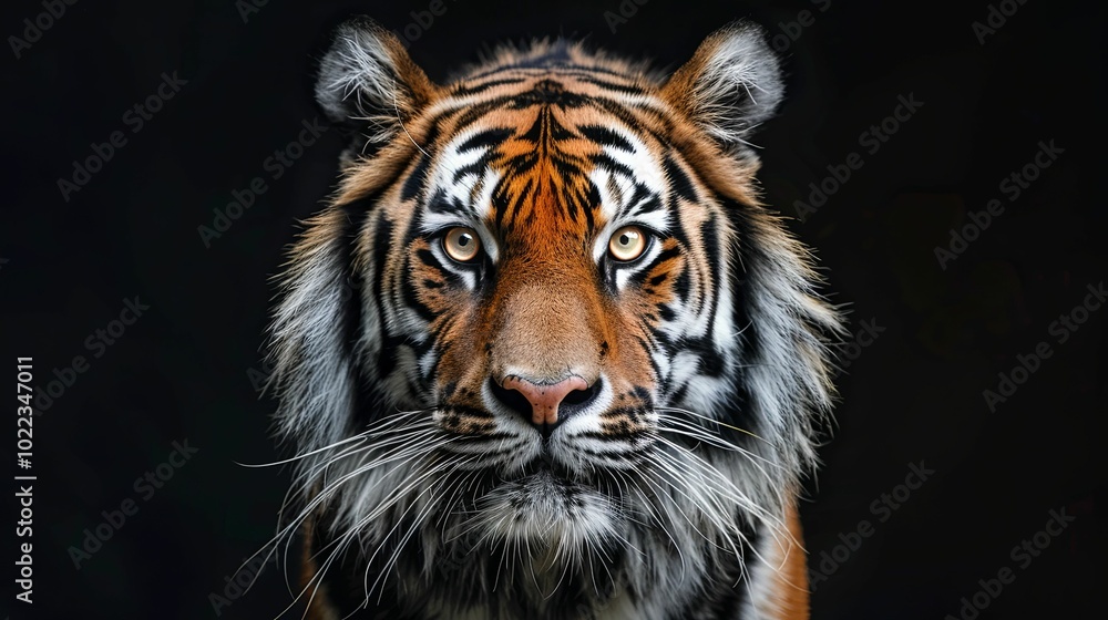 A Tiger's Intense Gaze with Striking Stripes and Whiskers A Tiger's Intense Gaze with Striking Stripes and Whiskers