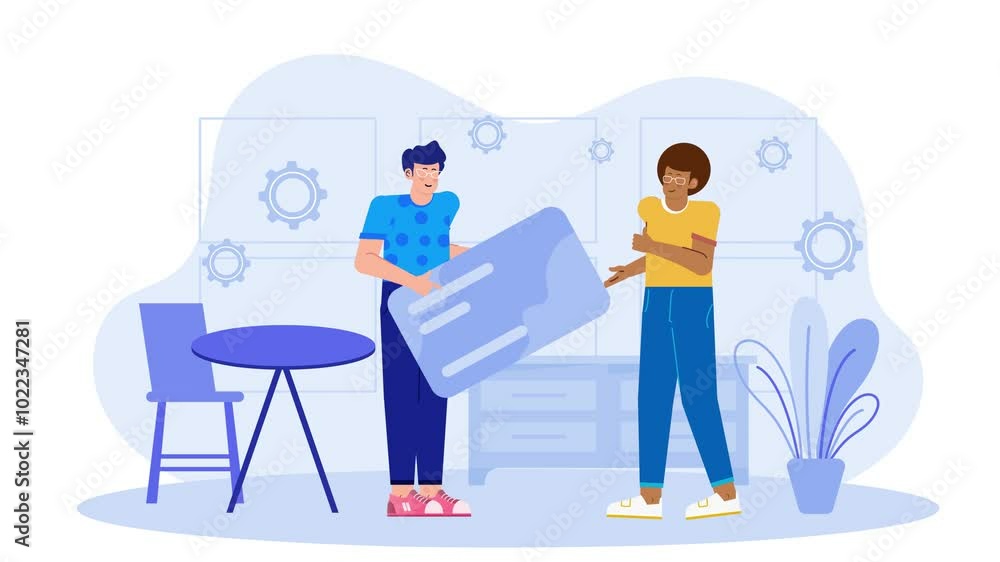 people exchanging a large business card in a modern office setting illustration animated video people exchanging a large business card in a modern office setting illustration animated video