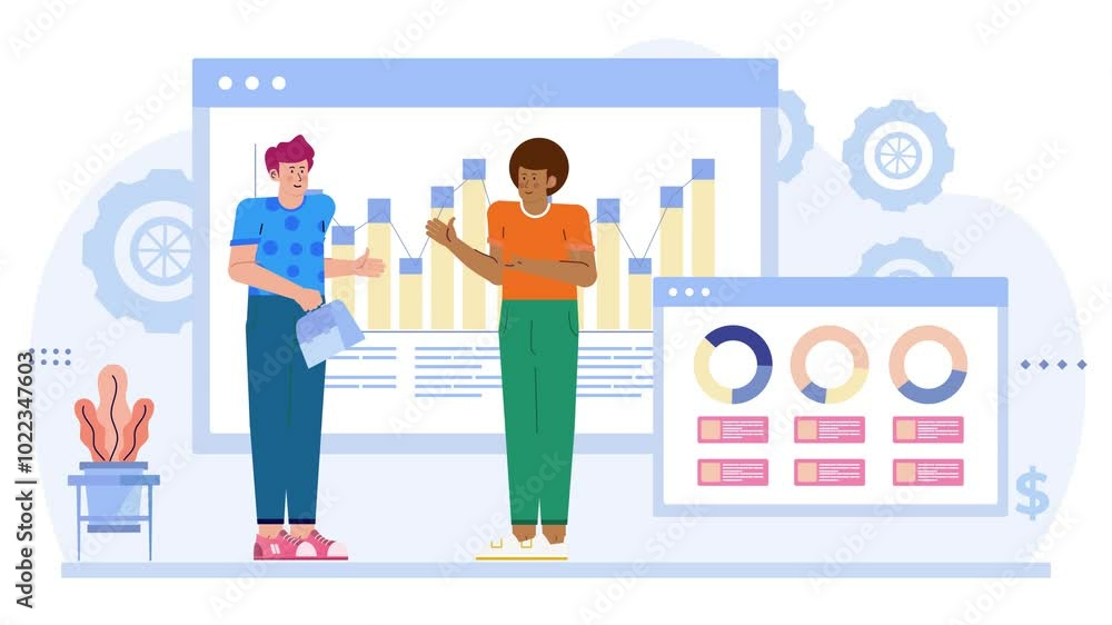 colleagues working together on data analysis with charts and graphs displayed on screens illustration animated video colleagues working together on data analysis with charts and graphs displayed on screens illustration animated video