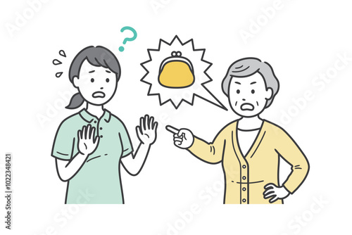 財布を盗まれたと妄想をして怒る高齢女性と戸惑う介護士女性の上半身イラスト
