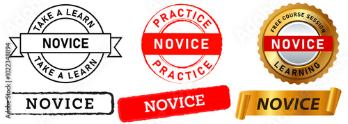 Novice newbie apprentice amateur worker stamps colorful badges grunge textured ribbon emblem medallion label design icon set collection