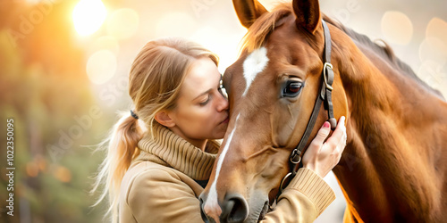 Soft Abstract Image of Person and Horse Nuzzling, Warm Tones Symbolizing Connection in Equine Assisted Therapy - Photo Stock Concept