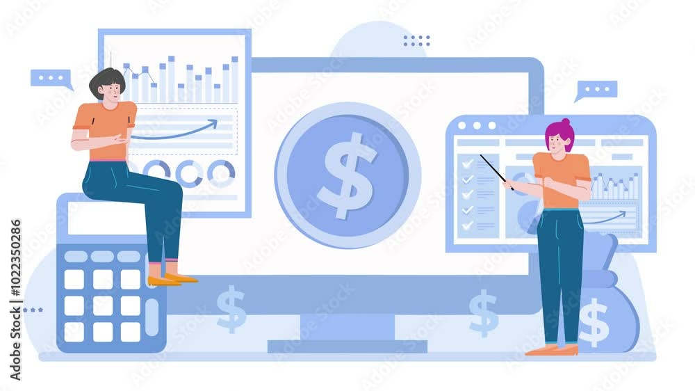 teamwork discussing financial growth and data analysis with charts and graphs illustration animated video teamwork discussing financial growth and data analysis with charts and graphs illustration animated video