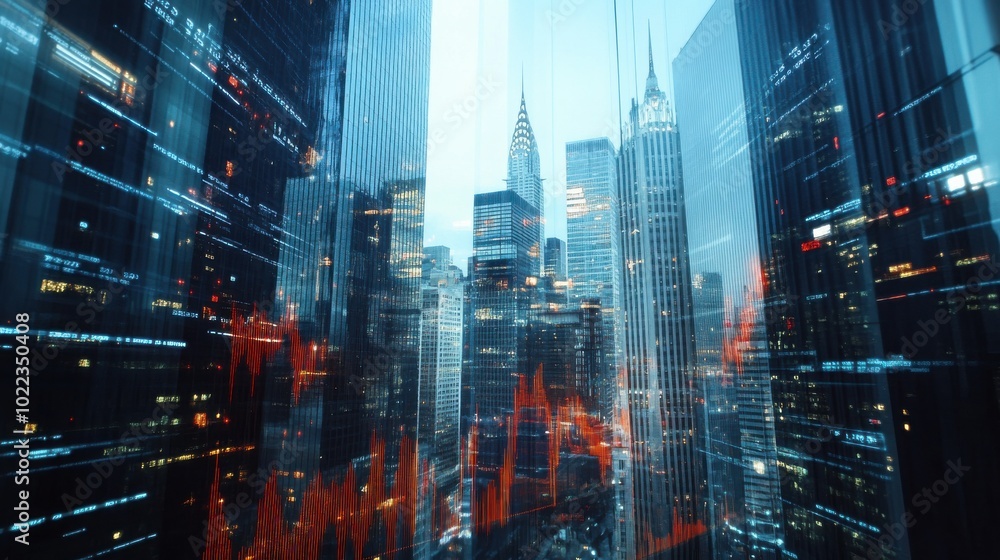 Forex chart on cityscape with skyscrapers wallpaper multi exposure. Financial research concept Forex chart on cityscape with skyscrapers wallpaper multi exposure. Financial research concept