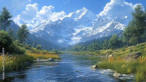 Scenic mountain landscape with a river and lush greenery.