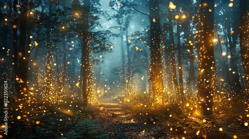 Enchanting Forest Pathway with Glowing Lights and Butterflies