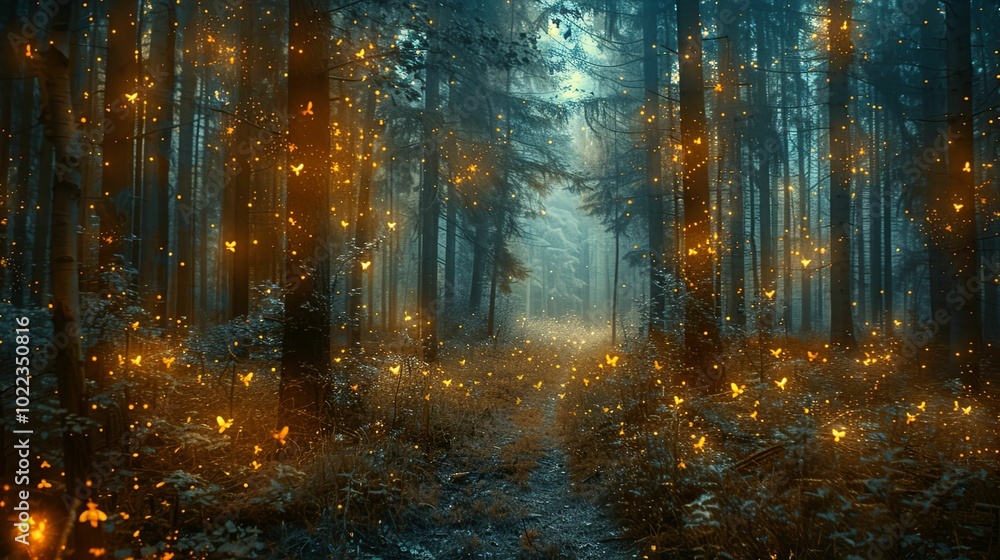 Mystical Forest Path Illuminated by Glowing Butterflies Mystical Forest Path Illuminated by Glowing Butterflies
