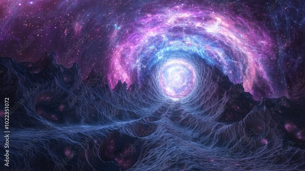 a parametric fractal mandelbulb 3d bridge that exists in the astral realm leading into a stargate portal at the center of a galaxy, 3d modeled a parametric fractal mandelbulb 3d bridge that exists in the astral realm leading into a stargate portal at the center of a galaxy, 3d modeled