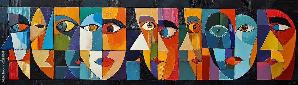 Naklejka premium Colorful abstract art featuring diverse faces in a vibrant composition.