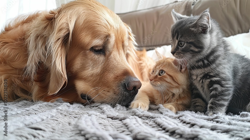 A Golden Retriever and Two Kittens Resting on a Fuzzy Blanket A Golden Retriever and Two Kittens Resting on a Fuzzy Blanket