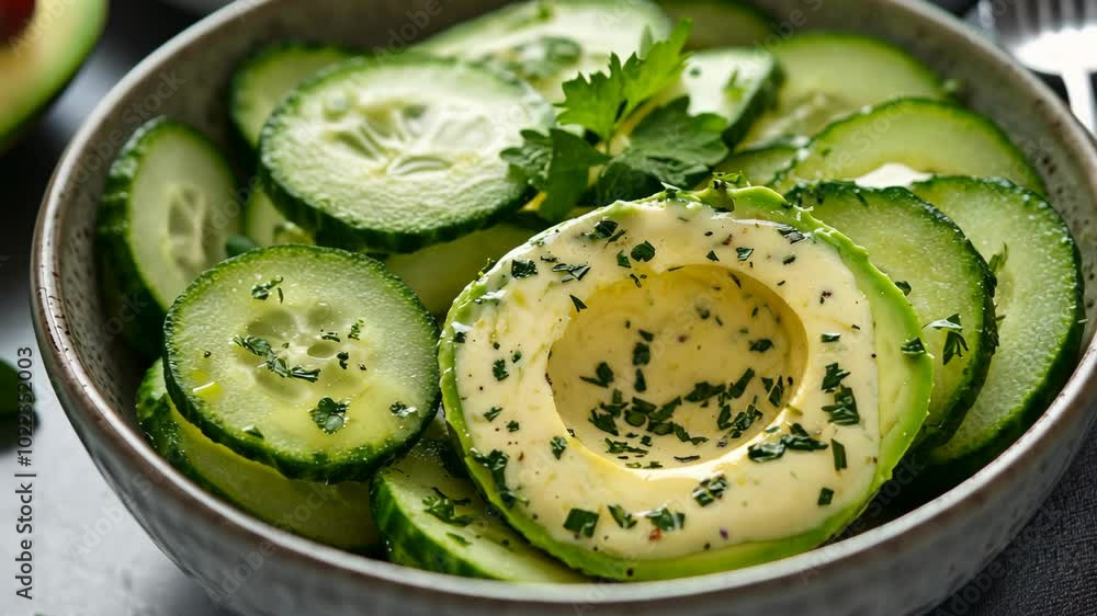 A bowl of sliced cucumber and avocado with a creamy dressing and herbs A bowl of sliced cucumber and avocado with a creamy dressing and herbs