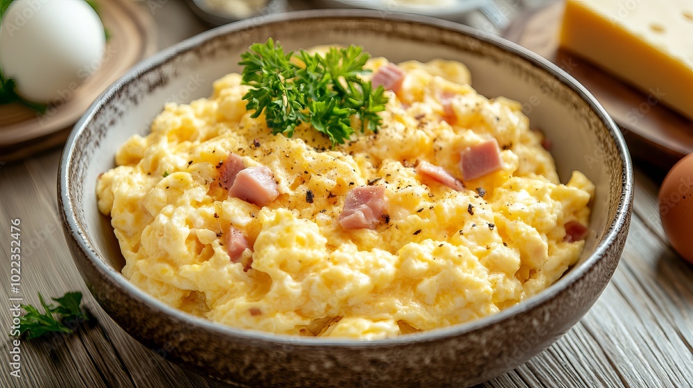 Delicious breakfast. Close-up of food servings (eggs, ham, cheese, etc.) on a light wooden table. Delicious breakfast. Close-up of food servings (eggs, ham, cheese, etc.) on a light wooden table.