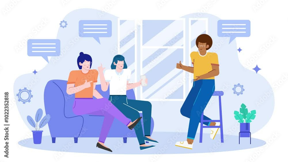 Three friends engaging in lively conversation at home illustration animated video Three friends engaging in lively conversation at home illustration animated video