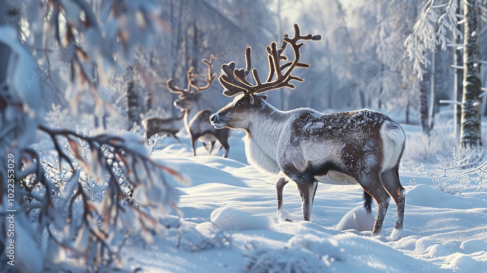 Fototapeta premium Reindeer in the snow hanging around.