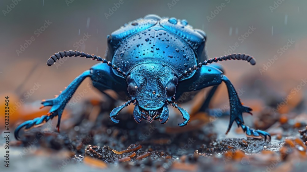 Fototapeta premium a close up of a blue bug on the ground