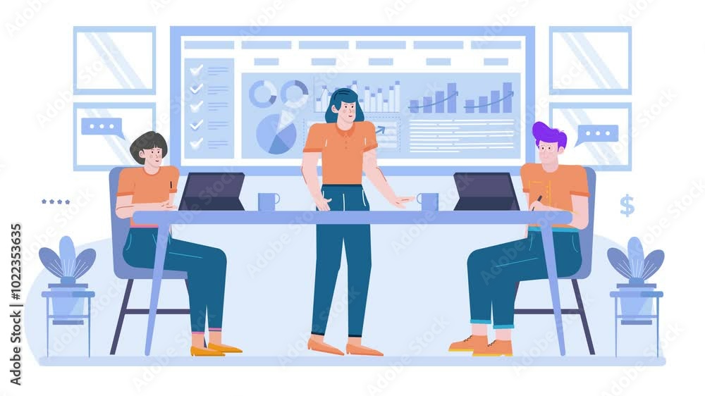 a team working together in an office setting analyzing data on digital screens illustration animated video a team working together in an office setting analyzing data on digital screens illustration animated video
