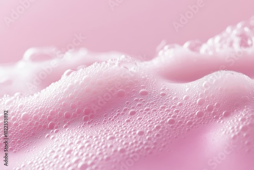 Delicate light foam with tiny bubbles on smooth surface in soft pink hue captured in a macro shot for serene aesthetic appeal