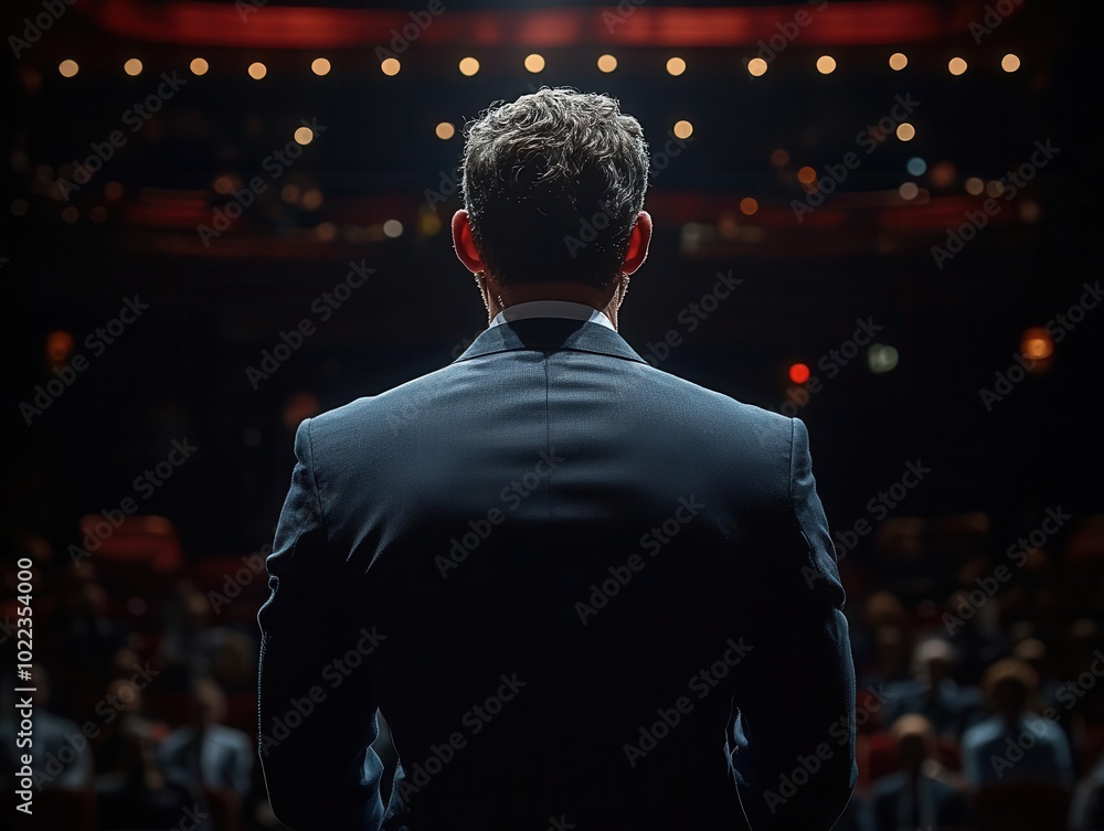 man in a well-tailored business suit delivers a powerful speech from the stage, viewed from behind as he addresses an attentive audience, symbolizing leadership and authority in a corporate setting man in a well-tailored business suit delivers a powerful speech from the stage, viewed from behind as he addresses an attentive audience, symbolizing leadership and authority in a corporate setting