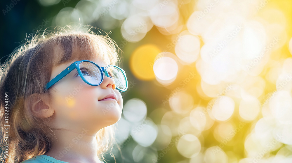 A Young Child Wearing Blue Glasses, Focusing on a Distant Tree Outside the Window, Symbolizing Myopia Prevention and the Importance of Outdoor Activities, Captured with a Softly Blurred Background to A Young Child Wearing Blue Glasses, Focusing on a Distant Tree Outside the Window, Symbolizing Myopia Prevention and the Importance of Outdoor Activities, Captured with a Softly Blurred Background to