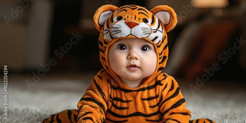 joyful baby in a tiger costume