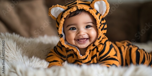 joyful baby in a tiger costume