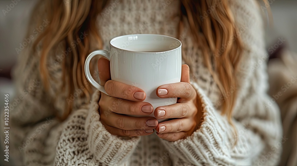 Close-up of a woman's hands holding a white mug in a cozy setting.