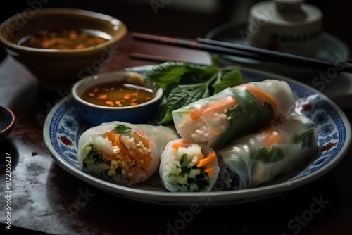 Vietnamese spring rolls with vegetables and spicy sauce on wooden table photo