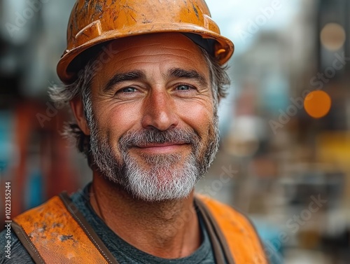 middle-aged man on a construction site, wearing a hard hat and work vest, displaying a confident smirk while actively engaged in his work environment