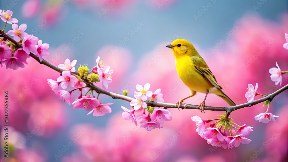 A vibrant yellow bird perched delicately on a branch adorned with delicate pink blossoms, a symphony of color in the gentle embrace of spring. A vibrant yellow bird perched delicately on a branch adorned with delicate pink blossoms, a symphony of color in the gentle embrace of spring.
