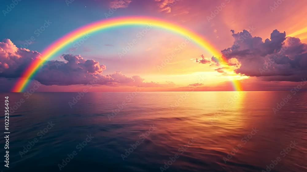 A vibrant rainbow arcs over the ocean during a colorful sunset A vibrant rainbow arcs over the ocean during a colorful sunset