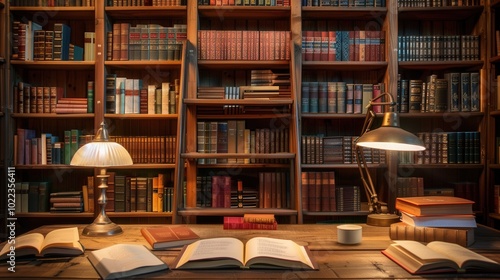 The setup features wooden shelves stocked with various academic texts and literature, providing a warm atmosphere for study. Generative AI