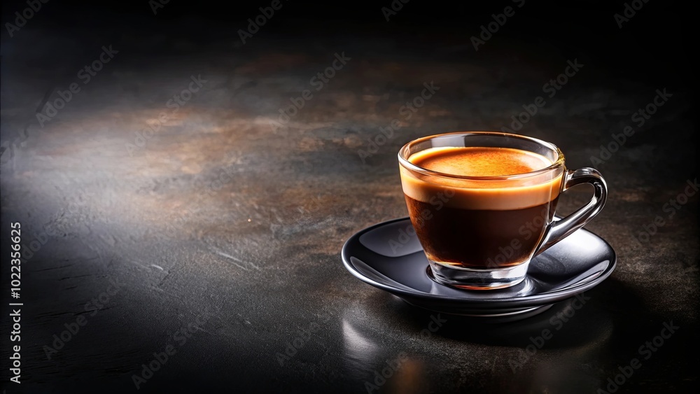 A Single Serving of Coffee in a Clear Cup on a Black Saucer, Set Against a Dark Background A Single Serving of Coffee in a Clear Cup on a Black Saucer, Set Against a Dark Background