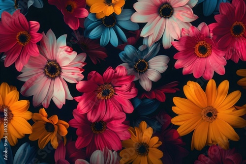 Bright pink, yellow, and blue flowers contrast beautifully against a deep black background, showcasing nature's artistry. Generative AI