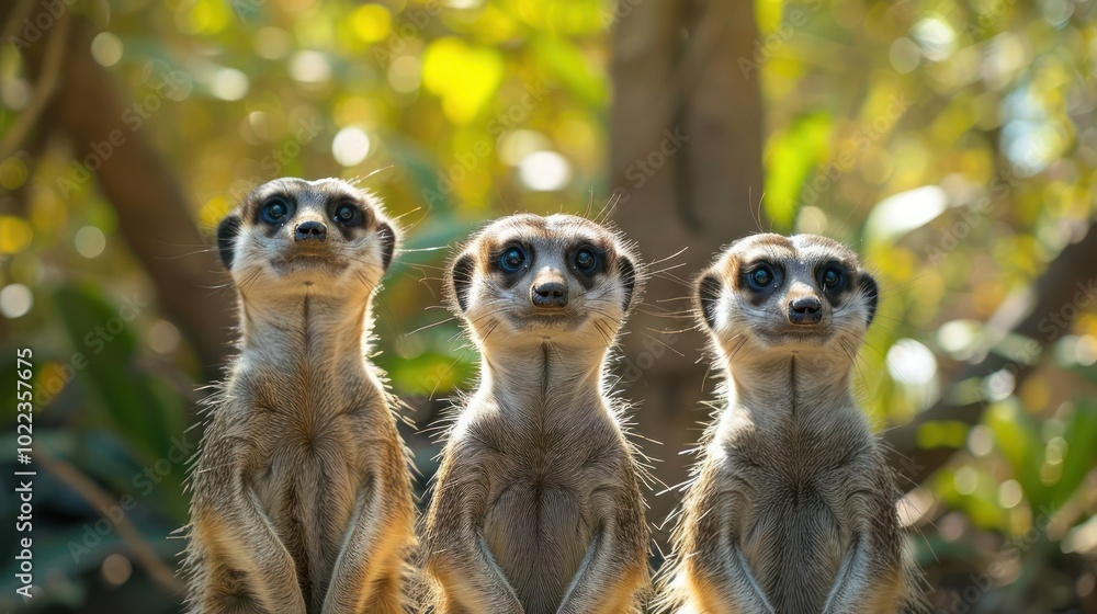 Fototapeta premium three meerkats looking up at the camera