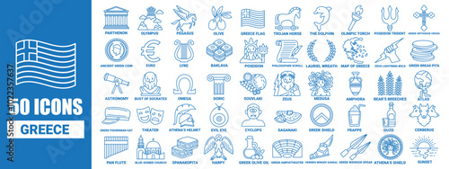 50 icon collection of greece in line design style with names in every icon