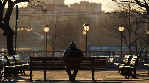 Man Sitting Alone on Park Bench, Worried Expression, Empty Benches, Blurred Cityscape Background, Capturing Loneliness and Uncertainty of Unemployment. photo