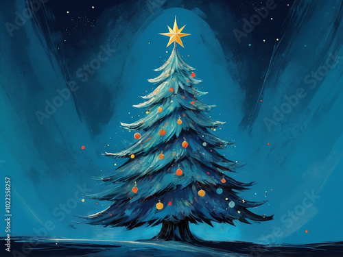 abstract Illustration christmas tree on blue background in neo primitive expressionism photo