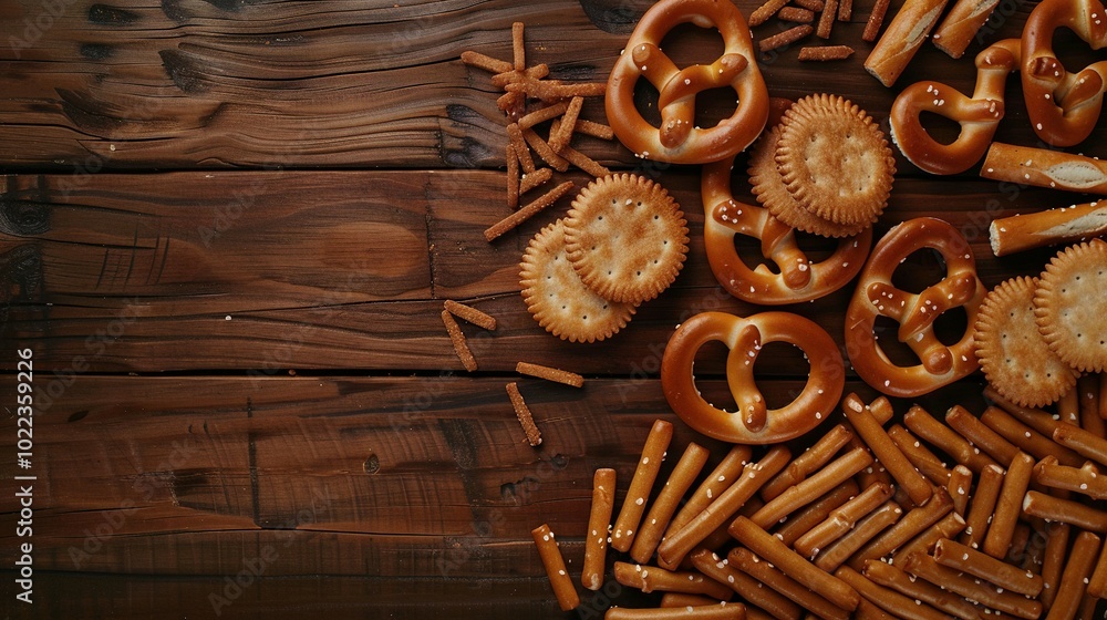 Savory Pretzel Crackers and Salty Sticks on a Wooden Table: Attractive Flat Lay Composition Savory Pretzel Crackers and Salty Sticks on a Wooden Table: Attractive Flat Lay Composition