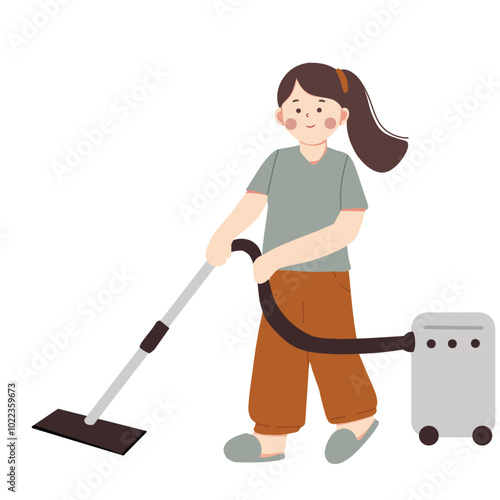 a woman is doing housework mopping with a vacuum machine