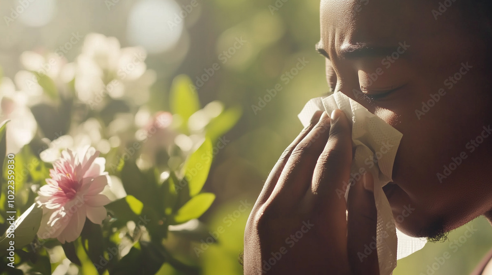 Person sneezing into tissue amidst blooming flowers and green leaves, symbolizing allergy season, with ample copy space for text or design elements. Person sneezing into tissue amidst blooming flowers and green leaves, symbolizing allergy season, with ample copy space for text or design elements.