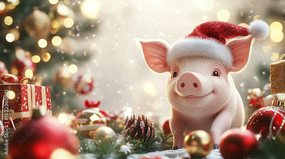 A cheerful pig wearing a Santa hat surrounded by Christmas decorations, gifts, and festive lights. A cheerful pig wearing a Santa hat surrounded by Christmas decorations, gifts, and festive lights.