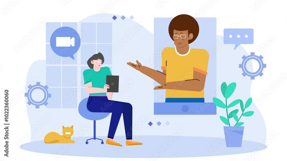 Virtual meeting and collaboration in a modern workspace illustration animated video Virtual meeting and collaboration in a modern workspace illustration animated video
