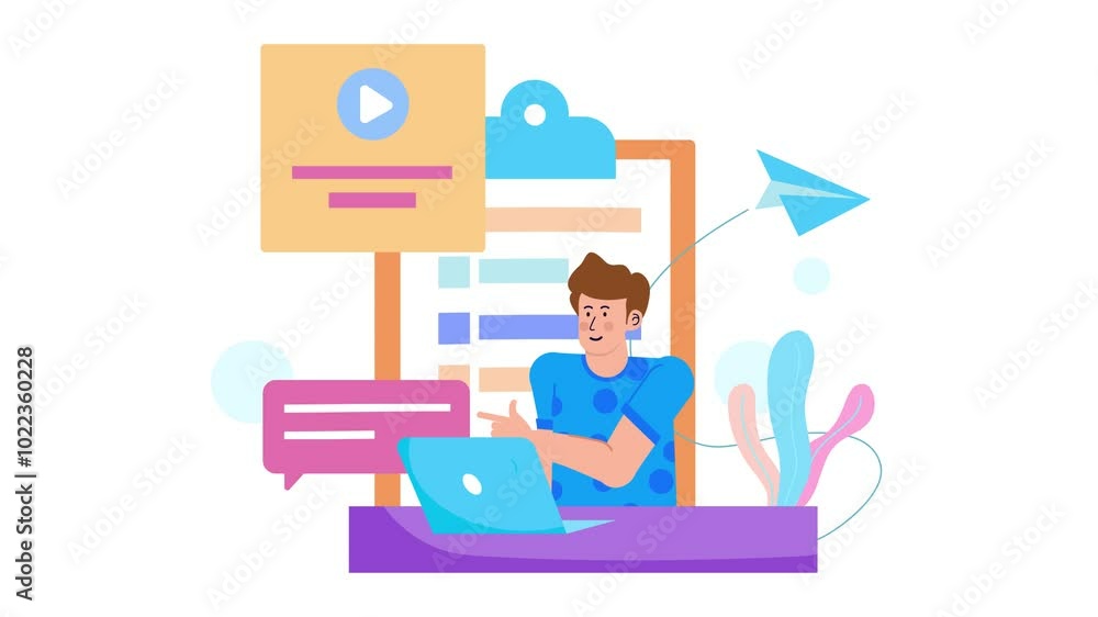 a man using a laptop surrounded by chat bubbles and digital elements representing online communication and remote work illustration animated video a man using a laptop surrounded by chat bubbles and digital elements representing online communication and remote work illustration animated video