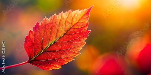 A single autumn leaf with vibrant red and orange hues, illuminated by a soft, warm glow. The intricate vein network stands out against the blurred background, capturing the essence of fall.