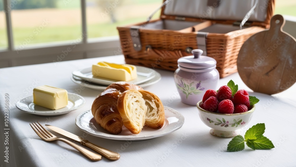 Charming Rural Breakfast Layout Featuring Croissants, Butter, Jam, and Raspberries on White Table Charming Rural Breakfast Layout Featuring Croissants, Butter, Jam, and Raspberries on White Table