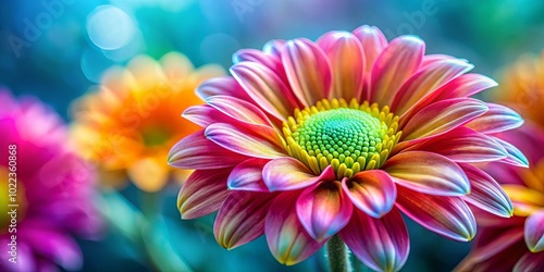 A vibrant pink flower with yellow and green hues in the center, its petals gently unfurl against a soft, out-of-focus background.