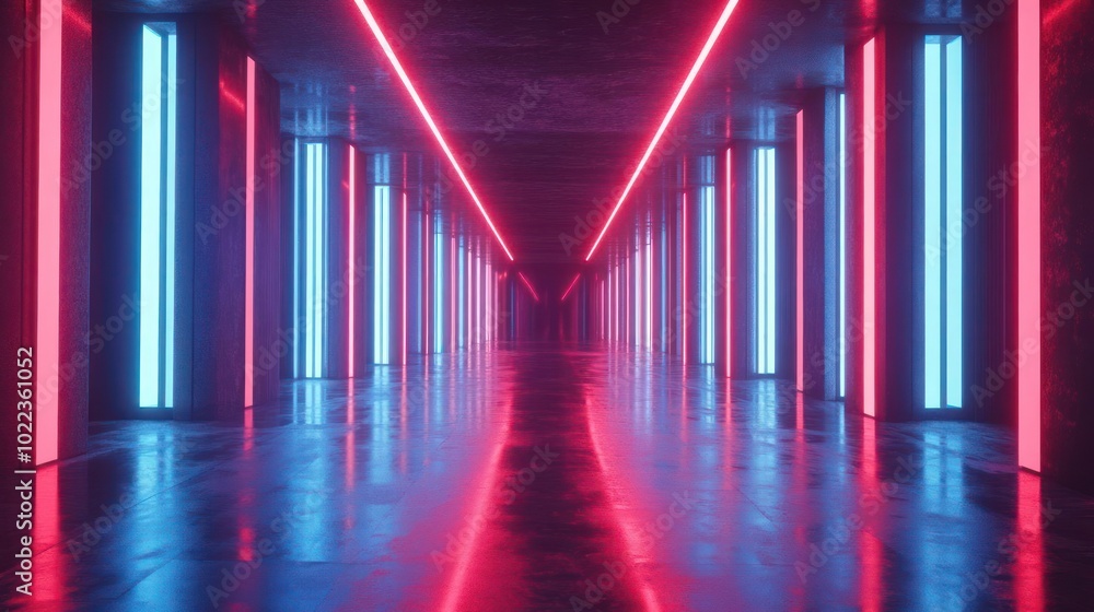 a long hallway with red and blue lights a long hallway with red and blue lights