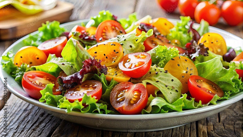 A vibrant salad with assorted greens and sliced tomatoes, showcasing a medley of colors and textures, presented on a rustic wooden surface. A vibrant salad with assorted greens and sliced tomatoes, showcasing a medley of colors and textures, presented on a rustic wooden surface.