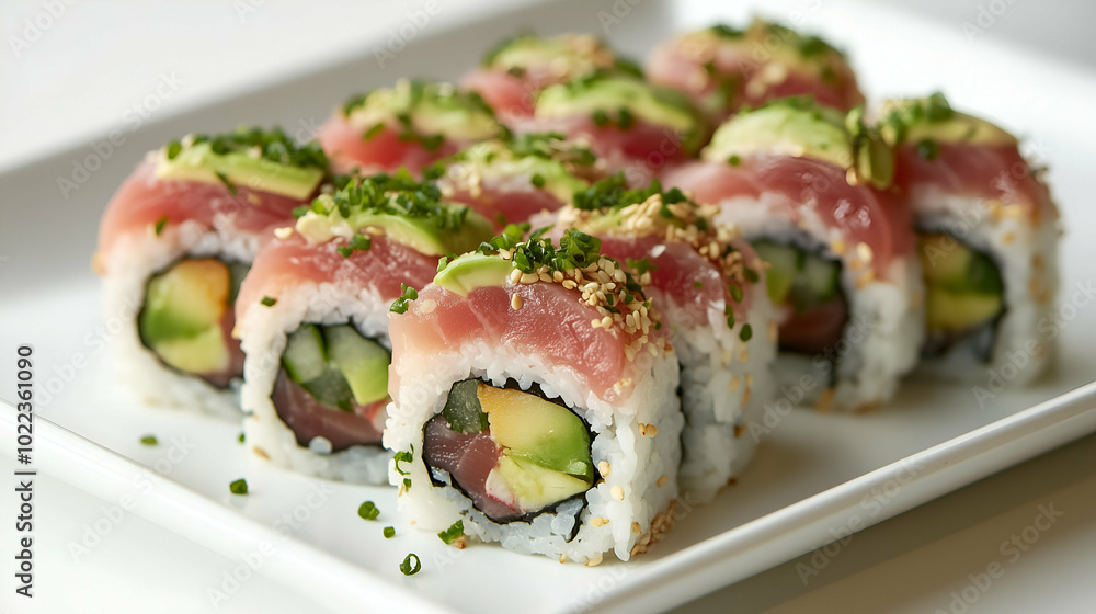 A plate of fresh tuna and avocado sushi rolls, garnished with sesame seeds and chopped green onions. The vibrant ingredients make for a delicious and healthy meal. A plate of fresh tuna and avocado sushi rolls, garnished with sesame seeds and chopped green onions. The vibrant ingredients make for a delicious and healthy meal.